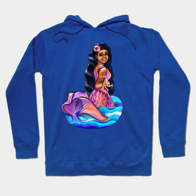 Mermaid Pacific princess  2 with rainbow coloured colored fins, hibiscus, outstretched  arm, brown eyes, Curly hair  and caramel brown skin - light background Hoodie by Artonmytee